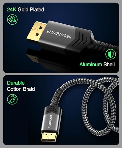 BlueRigger 8K DisplayPort (DP to DP) Cable - 6 feet - (up to 32.4 Gbit/s, UHD with 8 K / 60 Hz or 4 K / 120 Hz, Supports HBR3, DSC 1.2, HDR 10, Lockable Connector, Black) Series 4