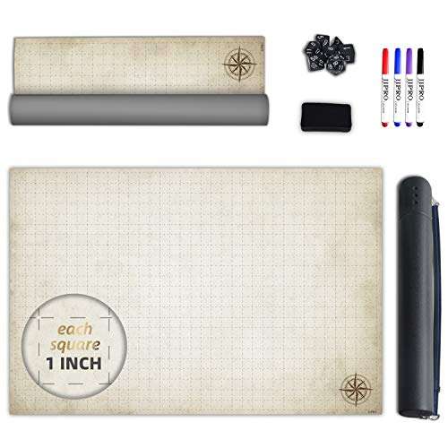 Battle Grid Game Mat - 24"x36" Vinyl Game Mat - Table Top Role Playing Map - Reusable RPG Dungeons and Dragons (DND) Game Map - Portable Plastic Storage Tube and Markers, Eraser, Dice Set Included 1