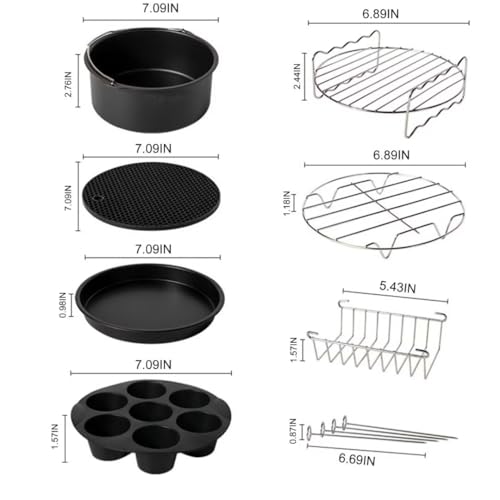 Air Fryer Accessories 7 Inch 8-piece Set, Fit All 3.2qt-6.8qt Air Fryers,Air Fryer Accessories 8 Pcs Kits with Skewers Silicone Mat,Non-Stick, Dishwasher Safe,Universal 3