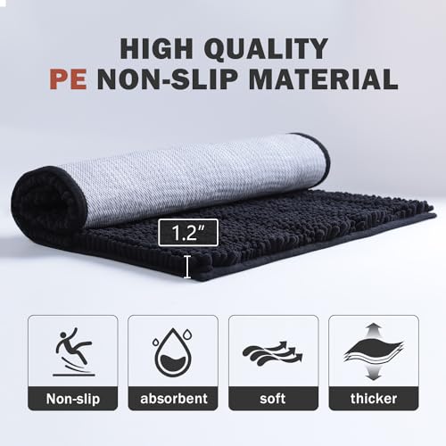 DAWNDIOR Chenille Bathroom Rugs Bath Mats for Bathroom Non Slip Absorbent Washable Quick Dry Thick Microfiber Luxury Black Bath Rugs for Tub Floor Rubber Backing (26’’x44’’) 3
