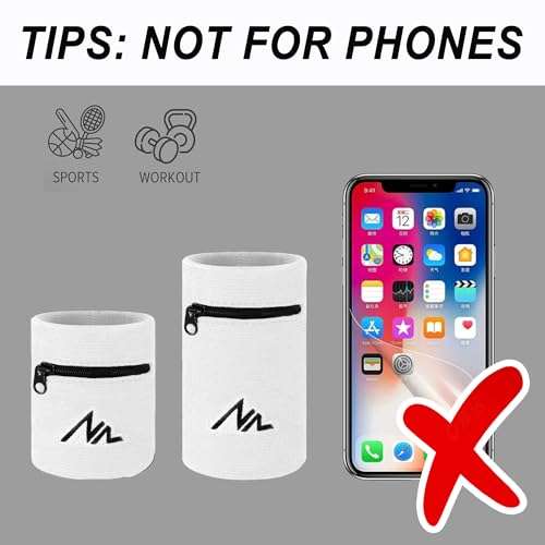 NEWZILL Wrist Wallet Wristband with Zipper - Cotton Sweatbands for Men & Women, Ideal for Sport, Running, Walking, Basketball, Football, Tennis, Hiking, Workout, and More Long White 3