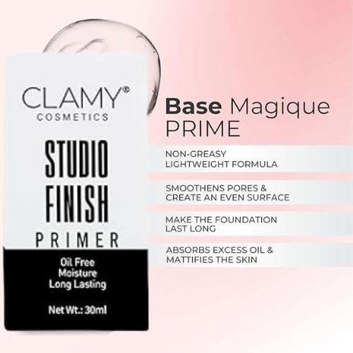 Clamy Primer Studio Finish | 3 in 1 Oil Free, Moisturising, Long Lasting 30ml | Minimises Pores | Long-Lasting Base | All Skin Types | 6