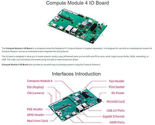 waveshare Original Raspberry Pi Compute Module 4 IO Board for All Variants of Compute Module 4,with Real-Time Clock Dual MIPI DSI/CSI Interfaces,USB Connectors 3