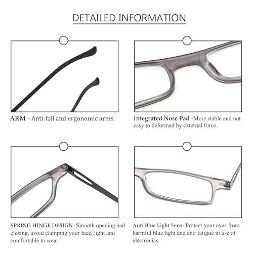 REAVEE Folding Reading Glasses for Men Women Ultra Thin Blue Light Blocking Anti UV/Eyestrain Computer TR90 Slim Foldable Portable Readers with Compact Flat Case, Grey +2.0 4