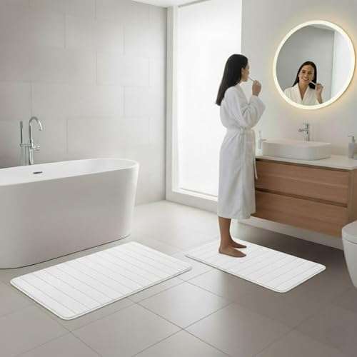 Bathroom Rugs - 2-Piece Memory Foam Bath Mats with Microfiber Top - Non-Slip Absorbent Rugs for Shower, Laundry, or Kitchen by Lavish Home (White) 6