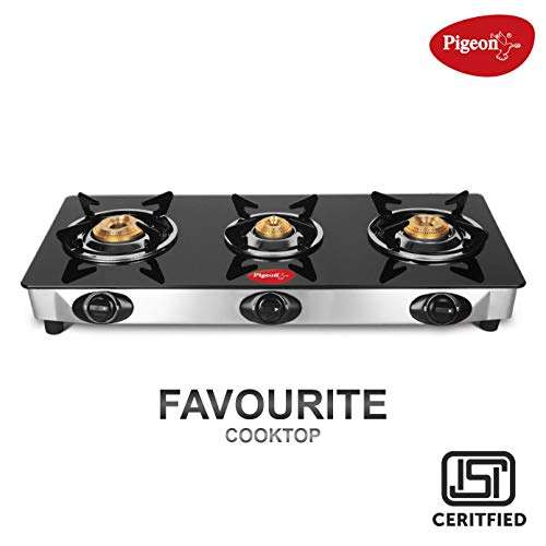 Pigeon by Stovekraft Basics Aluminium Non-Stick Cookware Set, Set of 3 (with one lid), Pink & Favourite 3 Burner Line Cook Top Stove, Black Combo 4