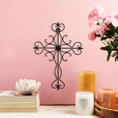 RELY+ Black Matte Wall Cross 14x10 Inch Living Room Décor Outdoor Crucifix Rustic Wall Decor Metal Wall Art Decorative Hanging Iron Wrought Wall Décor crosses for Indoor Home Halloween Decorations 3