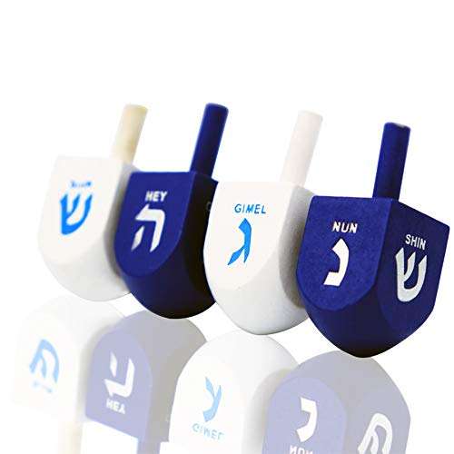 The Dreidel Company Bulk Solid Blue & White Wooden Hanukkah Dreidels, Hand Painted with English Transliteration- Includes Game Instruction Cards (4-Pack) 2