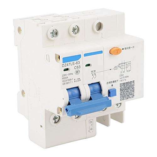 Residual Current Circuit Breaker, DZ47LE-63 2P + N C63 RCCB Air Switch with Short Circuit Protection, Electrical Leakage, Overload, for 230V Circuit 63A 30mA ZozCgkdz 2