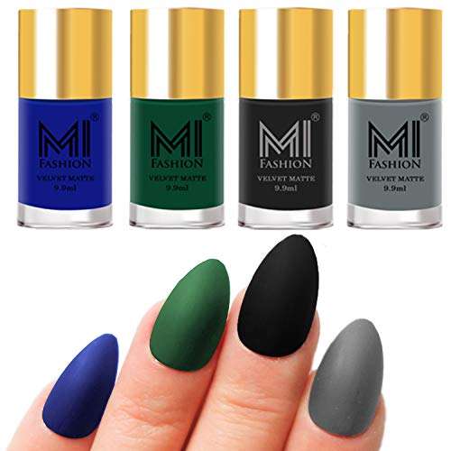 MI FASHION Smooth Matte Nail Polish Set of 4 Pcs Combo Multicolor 9.9ml each - Green, Grey, Blue, Black Nail Paints 1