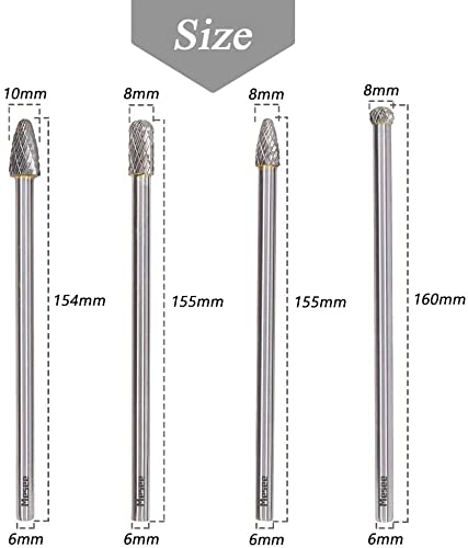 Mesee 4Pcs Tungsten Carbide Rotary Burr Set, 6-Inch Long Rotating Burr Tools Kit with 6mm Shank for DIY Woodworking/Metal Carving/Polishing Engraving/Drilling 3