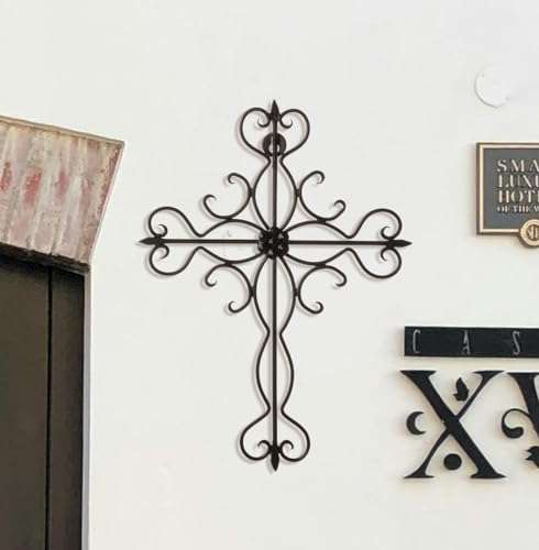 RELY+ Black Matte Wall Cross 14x10 Inch Living Room Décor Outdoor Crucifix Rustic Wall Decor Metal Wall Art Decorative Hanging Iron Wrought Wall Décor crosses for Indoor Home Halloween Decorations 5