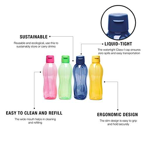 Tupperware Aquasafe Plastic Fliptop Bottle Set, 1 Litre, Set of 4, Multicolour 3