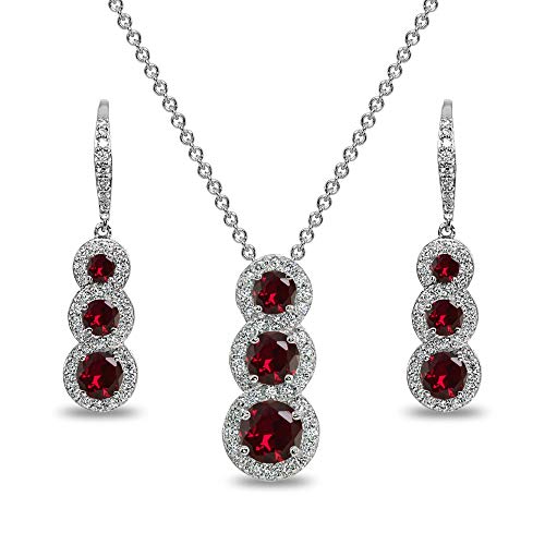 GemStar USA Sterling Silver Synthetic Ruby Journey Halo 3-Stone Pendant Necklace & Leverback Earrings Set for Women 1