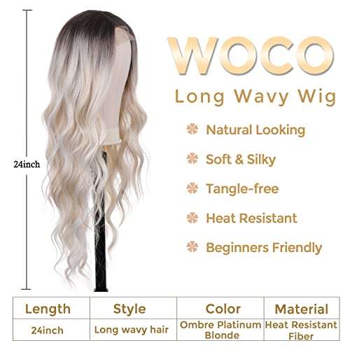 WOCO Long Wavy Wig, Ombre Platinum Blonde Wigs for Women, Synthetic Wig with Natual Hairline Lace Fornt Sliver White Curly Middle Part Hair Replacement Wigs for Halloween Daily Party Cosplay Use 4