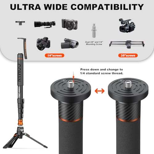 Monopod, COMAN KX3232 73.2 inch Professional Monopod Tripod Lightweight Aluminum Telescopic Camera Monopod with feet and Pan Tilt Fluid Head for DSLR Video Cameras 6