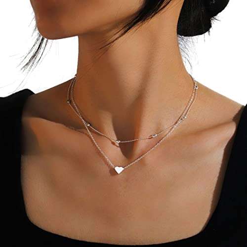 Metisee Layered Lover Choker Necklace Heart Pendant Chains Love Necklaces Jewelry for Women (Silver) 2