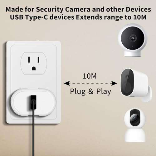 USB to USB-C Camera Charging Cable 10m, Power Extension Cable for Vimtag Mini G3 Xiaomi Smart Camera C400 C500 Pro, Type C Charger Cord with 10 Wire Clips for Security Camera Outdoor/Indoor Black 4