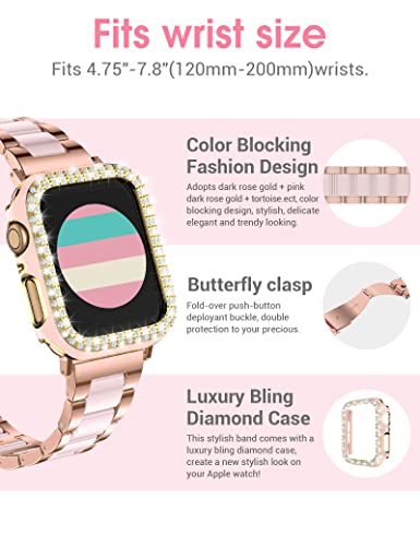 Wearlizer Compatible with Apple Watch Band 40mm/41mm with Case Upgraded Resin Metal Band Stainless Steel Buckle with Bling Crystal Rhinestone Cover for iWatch Series SE/7/6/5/4(Gold+Pink) 3