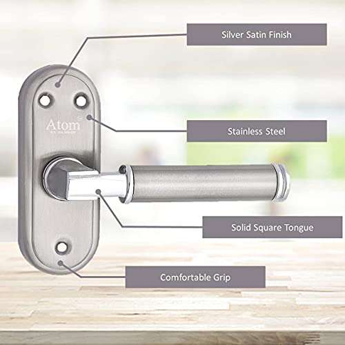 Atom Stainless Steel Bathroom Door Lock, Mortise Door Handle with Baby Latch Lock, Silver Satin Finish, Keyless, Bathroom Lockset for Door, Balcony Toilet Washroom, Skoda-Bl 4