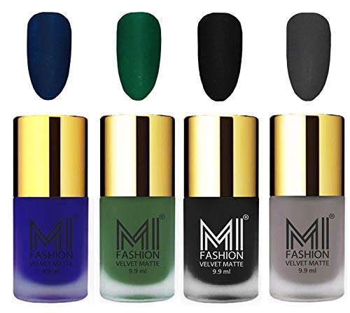 MI FASHION Smooth Matte Nail Polish Set of 4 Pcs Combo Multicolor 9.9ml each - Green, Grey, Blue, Black Nail Paints 2