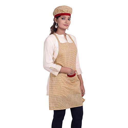 The Fineworld Cotton Designer Striped Unisex Aprons with Cap, Front Pocket for Kitchen, Hotel, Restaurant (Red, 29x23 Inch) 4