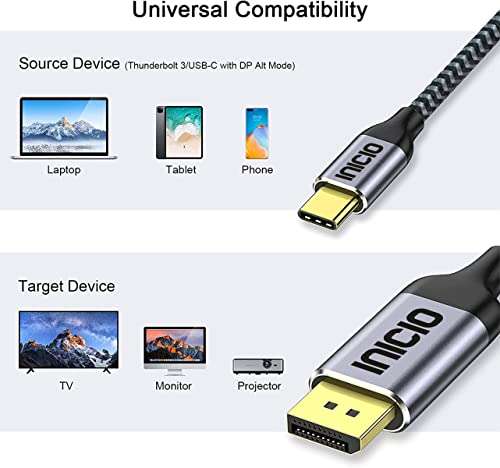 INICIO USB-C To Display Port Cable 1.8m, 4K/60Hz Type C To DisplayPort DP Adapter Thuderbolt 3/4 Compatible For MacBook Pro Air M3 M2 iPad Pro Galaxy S24 S23 Ultra XPS 13/15 HP Envy Spectre etc 5