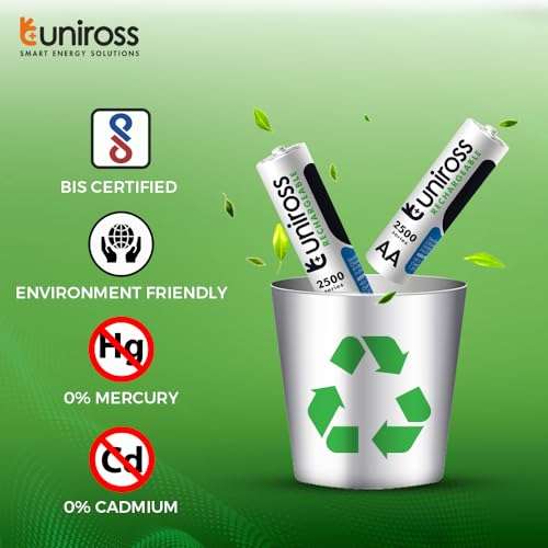 Uniross Ni-MH AA Rechargeable Battery | 2500 Series | Ultra High Power| for High Drain Devices | with Low Discharge Mechanism | 0% Mercury & Cadmium | 1.2V | Pack of 2 5
