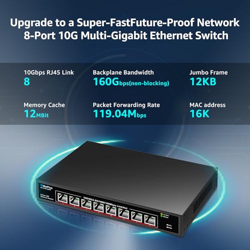 8 Port 10Gb Ethernet Switch Unmanaged, 8X 10Gbe Base-T Ports, GiGaPlus 10G Network Switch for 10Gbps NAS, PC, WiFi7 Router, 10Gbps Adapter/NIC. Desktop/ 19-inch Rack Mount, Plug and Play 6