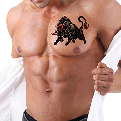 Voorkoms Temporary Tattoo Waterproof For Girls Men Women Beautiful & Popular Water Transfer 3D Black Angry Bull Size 10.5 CM x 6CM - 1PC 2