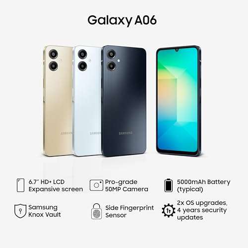 Samsung Galaxy A06 (Black, 4GB RAM, 128GB Storage)| 50 MP Main Camera| Upto 8GB RAM with RAM Plus| MediaTek Helio G85| 5000 mAh Battery Knox Vault: Security & Privacy| Fingerprint Sensor 2