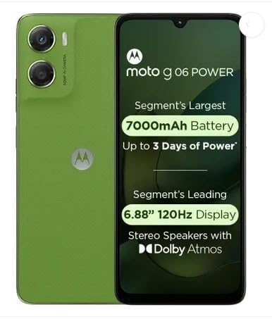 Motorola Moto g06 Power (Pantone Tendril, 4GB RAM, 64GB Storage) | 7000mAh Battery | 6.88" 120Hz HD+ Display | 50MP Camera | Android 15 | MediaTek Helio G81 | IP64 | Gorilla Glass 3