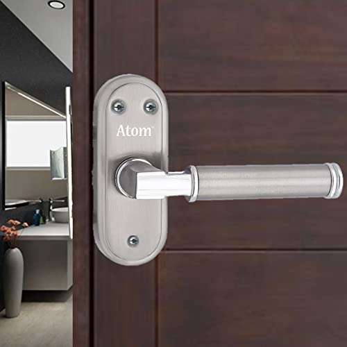 Atom Stainless Steel Bathroom Door Lock, Mortise Door Handle with Baby Latch Lock, Silver Satin Finish, Keyless, Bathroom Lockset for Door, Balcony Toilet Washroom, Skoda-Bl 1