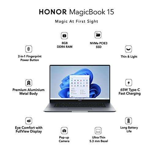 HONOR MagicBook 15, AMD Ryzen 5 5500U 15.6-inch (39.62 cm) FHD IPS Anti-Glare Thin and Light Laptop (8GB/256GB PCIe SSD/Windows 11/ Metal Body/Fingerprint Login/1.54Kg), Gray, BohrM-WDQ9CHNE 2