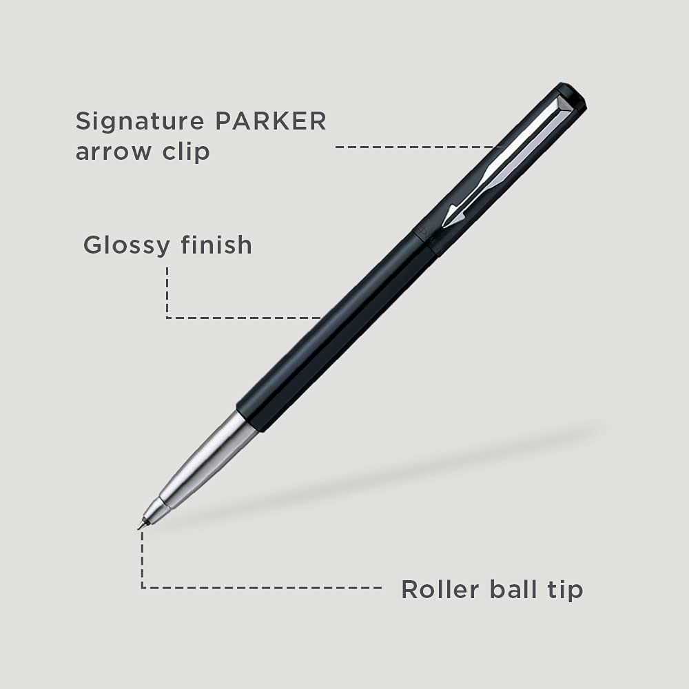 Parker Vector Chrome Trim Black Roller Ball Pen with Free Card Holder (Black) Frontier Stainless Steel GT Ball Pen 3