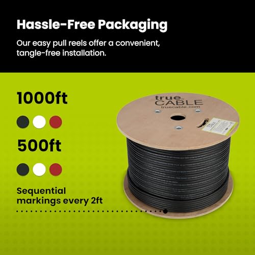 trueCABLE Cat6 Direct Burial, Shielded F/UTP, 1000ft, Waterproof, Outdoor Rated CMX, Black, 23AWG Solid Bare Copper, 550MHz, PoE++ (4PPoE), ETL Listed, Bulk Ethernet Cable 5