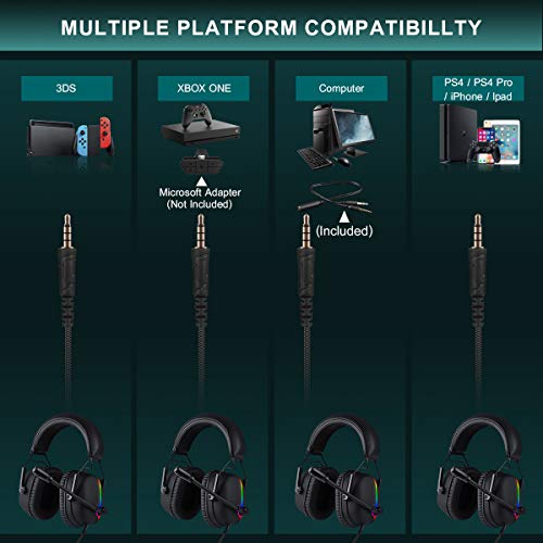 Gaming Headset Headphones with Microphone for Nintendo Switch Xbox One PS4, 4 Speaker Drivers Wired Headset with RGB Light, Noise Canceling Bass Surround Soft Memory Earmuffs for PC Controller PS5 4