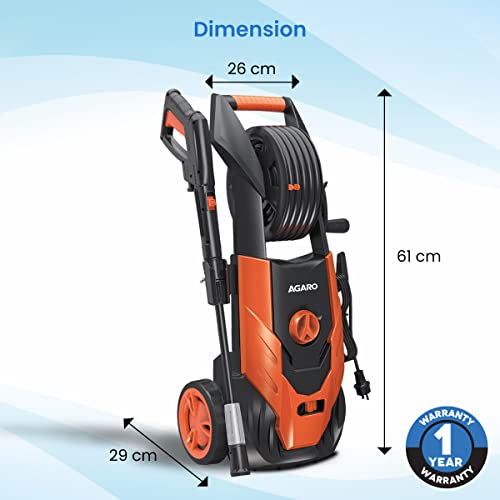 AGARO Royal High Pressure washer, 1800 Watts Motor, 140 Bars, 7L/Min Flow Rate, 5 Meters Outlet Hose, Upright Design With Wheel, For Car, Bike and Home Cleaning Purpose, Turbo Nozzle, Black and Orange 5
