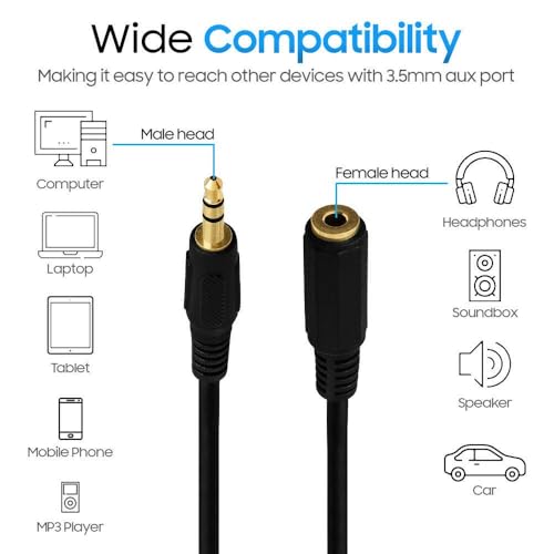 Cmple - Headphone Extension Cable 6 Inches 3.5mm AUX Extension Cord Male to Female Stereo Audio Adapter Cable, 1/8 TRS Aux Extender Cable - Black 5