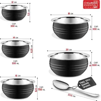 Classic Essentials Black Coloured Stainless Steel Handi/patila/bhagona/biryani Cook & Serve Handi Induction Bottom Cookware Set (Stainless Steel, 10 - Piece) 300ml, 550ml, 750ml,1100, 1500ml 3