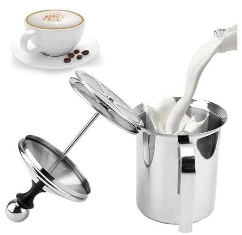 HEBEZON 400 ML Stainless Steel Manual Milk Frother Coffee Hand Pump Foam Maker Double Froth Pump for Hot and Cold Coffee Cappucino Coffee Frother Milk Coffee Foam Maker Mixer (1 PCS) 4