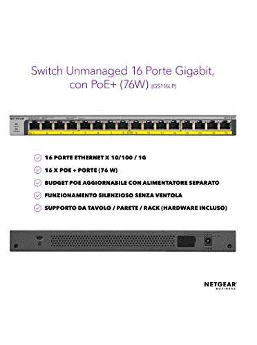 NETGEAR 16 Port PoE Gigabit Switch (GS116LP) - Unmanaged Network Switch - 16 x PoE+ @ 76 W Upgradeable, Desktop, Wall Mount or Rackmount, and Limited Protection 3