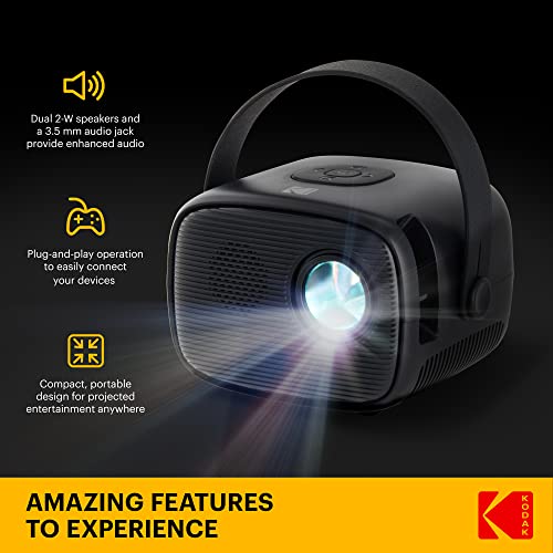 KODAK FLIK X2 Mini Pico Projector | Portable 100” Projector with Remote Control, Speakers & Carry Handle Plays Movies, TV & Games | Compatible with HDMI, USB, AV, MicroSD, Smartphone, Firestick, Black 2