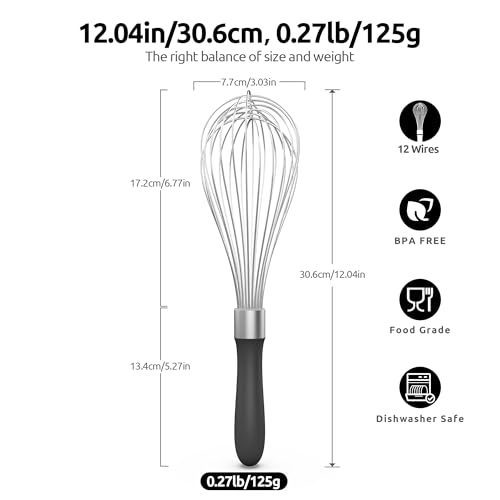 U-Taste Balloon Whisk for Cooking: 18/10 Stainless Steel Kitchen Wire Whisk, 12in Large Heavy Duty Egg Beater, Manual Mixing Tool with 12 High Flex Wires for Stirring, Blending Sauce (Black) 2