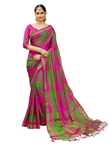 ANNI DESIGNER Women's Sarees Cotton Silk Saree with Blouse Piece (E Kart_Pink & Green_Free Size)