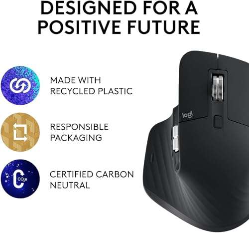 Logitech Mouse MX Master 3S - Wireless Mouse Performance, Ultra-Fast Scrolling, 8K DPI, Track on Glass, Quiet Clicks, USB-C, Bluetooth Mouse, Ergonomic Mouse, Windows, W/Cloth Black, Bulk Packaging 6