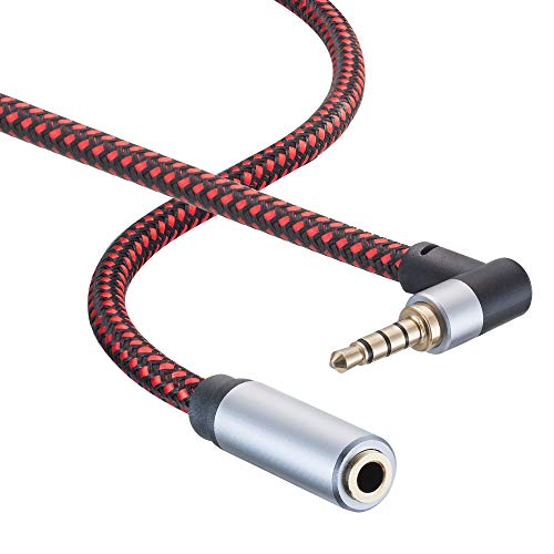 Tiierzon Audio Mic Extension Cable 3Ft,90 Degree TRRS 3.5mm Aux Headphone Extender 4-Pole Jack Plug Extension Lead Stereo Male to Female Braided Cord for Headset,Laptop,Phone,Car,PS4 and More (3Ft) 2