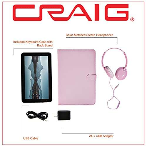 Craig CMP840 BUN-PK-HD Quad Core 10.1 in. Tablet with Keyboard Case & Headphones in Pink 4