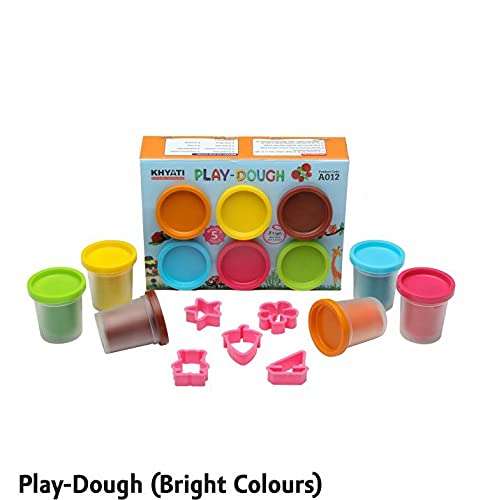 KHYATI Play Dough (6 Bright Colours 50 grms Each, 5 Moulding Tools) and 1 Dough Cookie Cutter (1 Pressure Roller,10 Cookie Cutters) 3