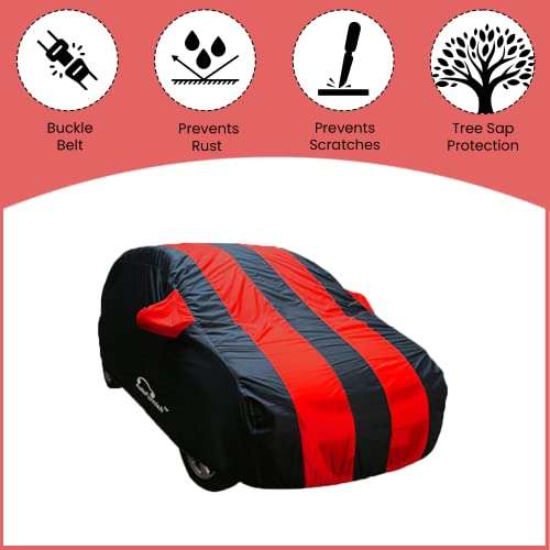 AutoFurnish ARC Red Car Cover - Maruti Suzuki Baleno | Water Resistant | Stripe Design | Triple-Stitched | Dust and Heat Protection | 190T Taffeta | Elastic Bottom| Heavy Buckle | Mirror Pockets | Stylish Car Accessories (Red) 4